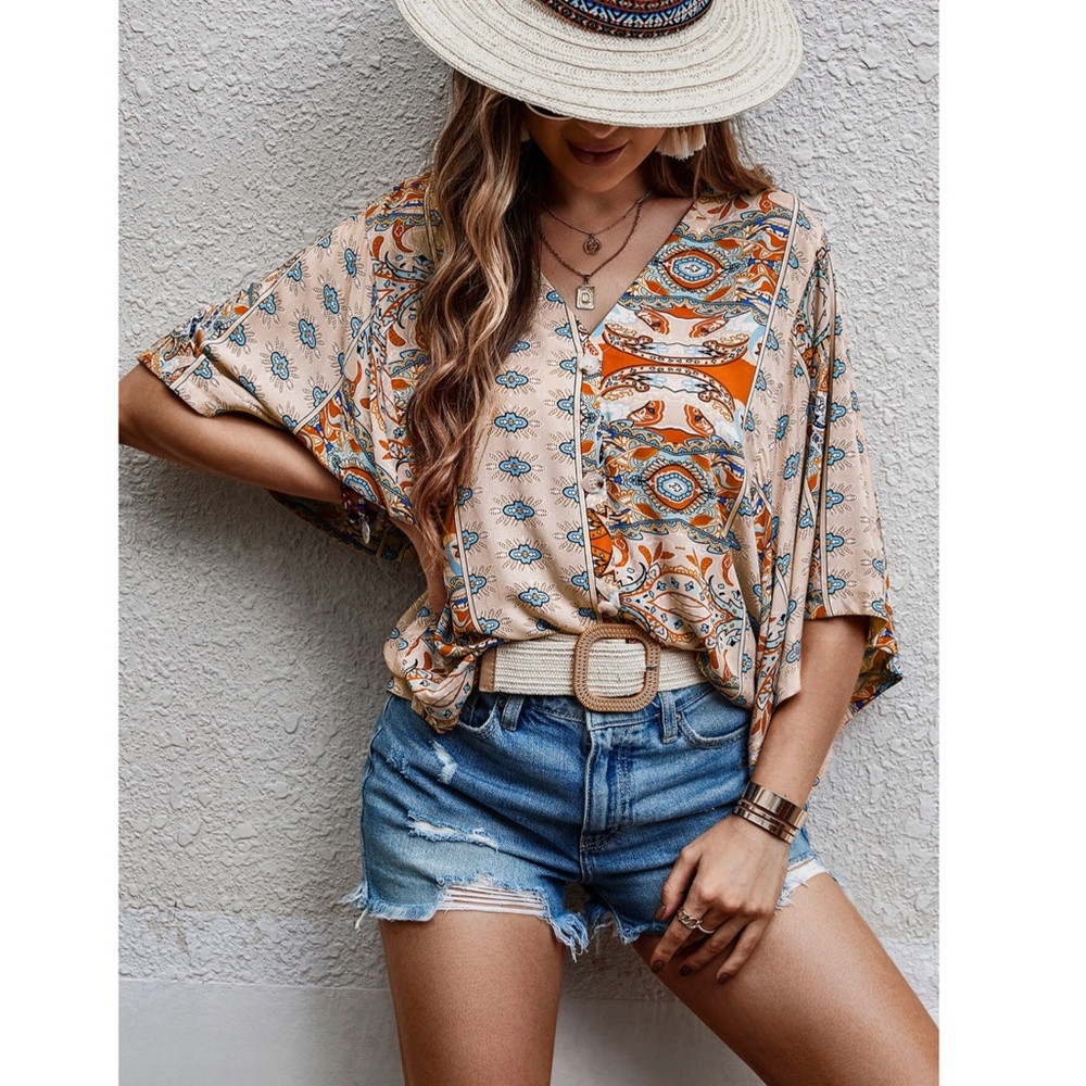 Printed Beige Multicolor Batwing Sleeve V-Neck Blouse Top - Picture 3 of 11
